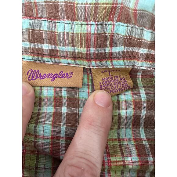 Wrangler Women's sz L Snap Plaid Cotton Shirt LS Blue Brown Green 70s Inspired - Picture 4 of 10